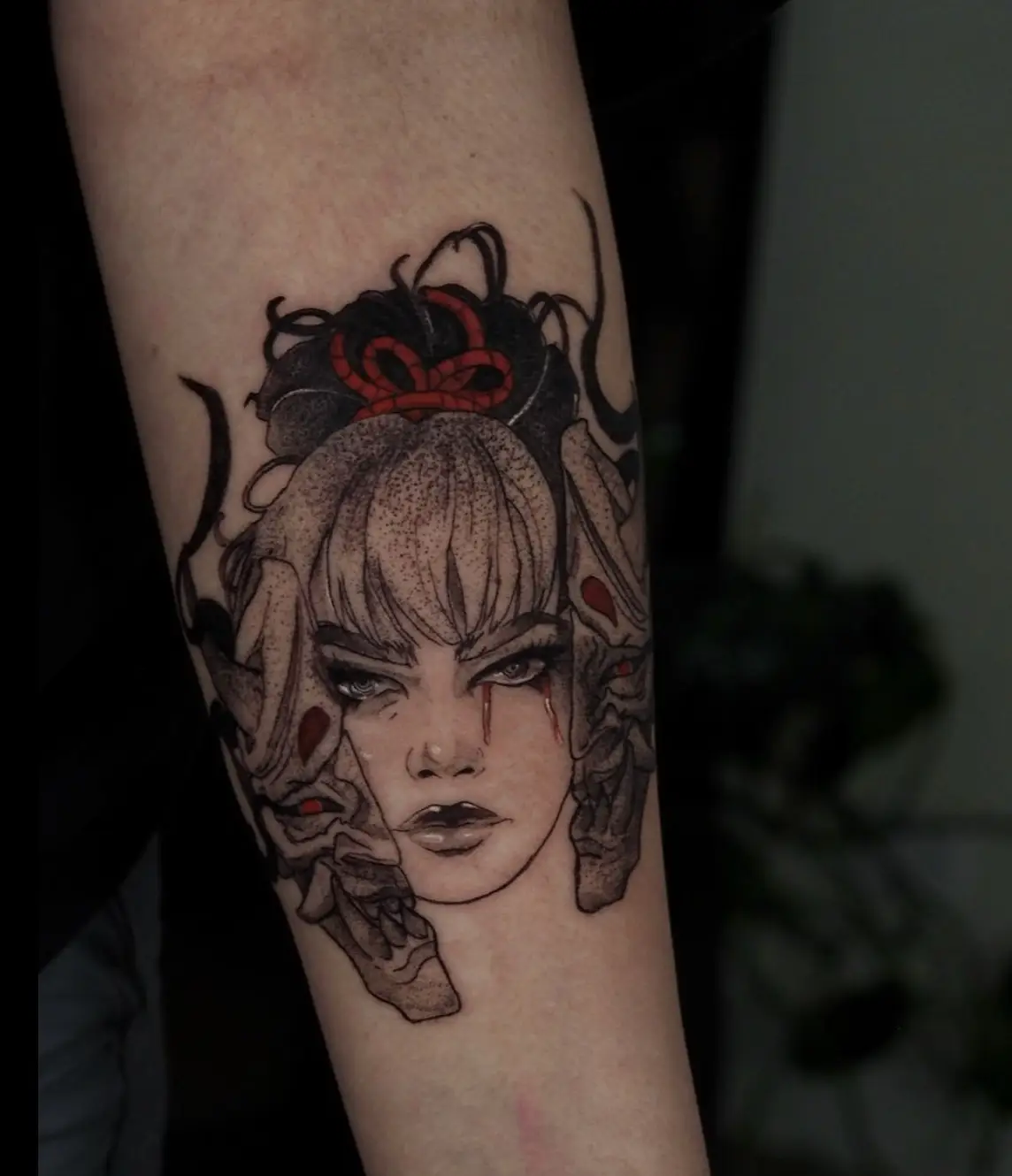 Chainsaw Man anime character tattoo with dark themes by Sara at Omnia Tattoo Melbourne